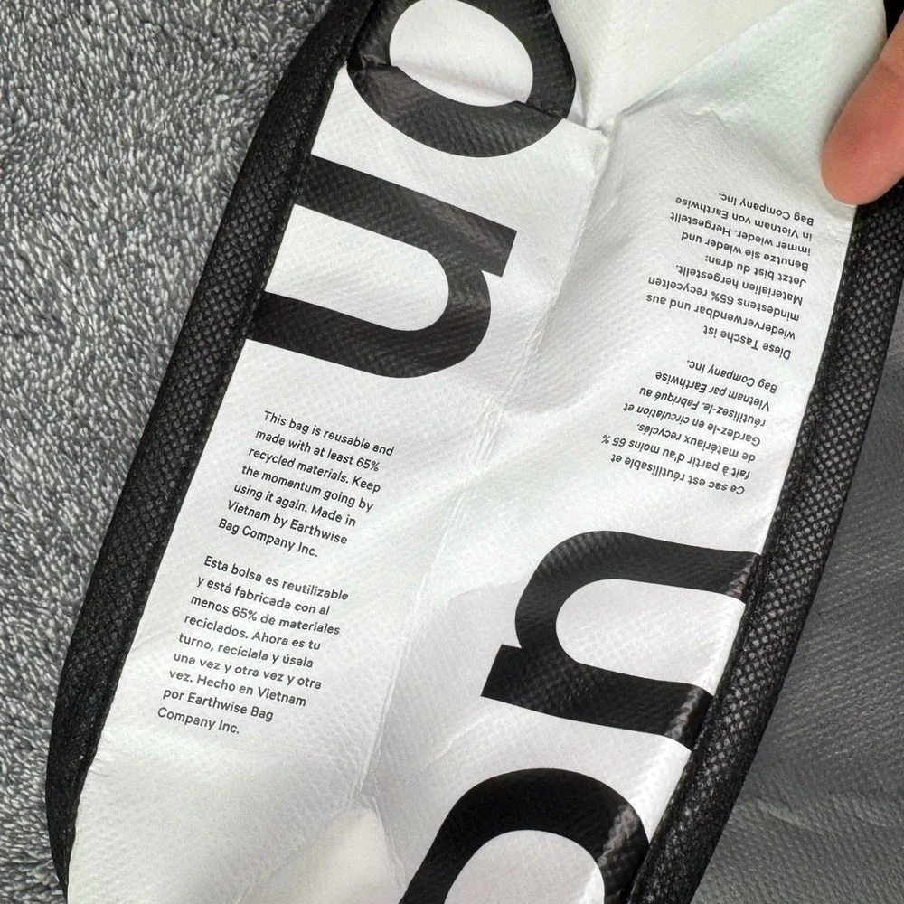 Lululemon Small Reusable Shopping Tote Bag Black White Logo Snap Closure